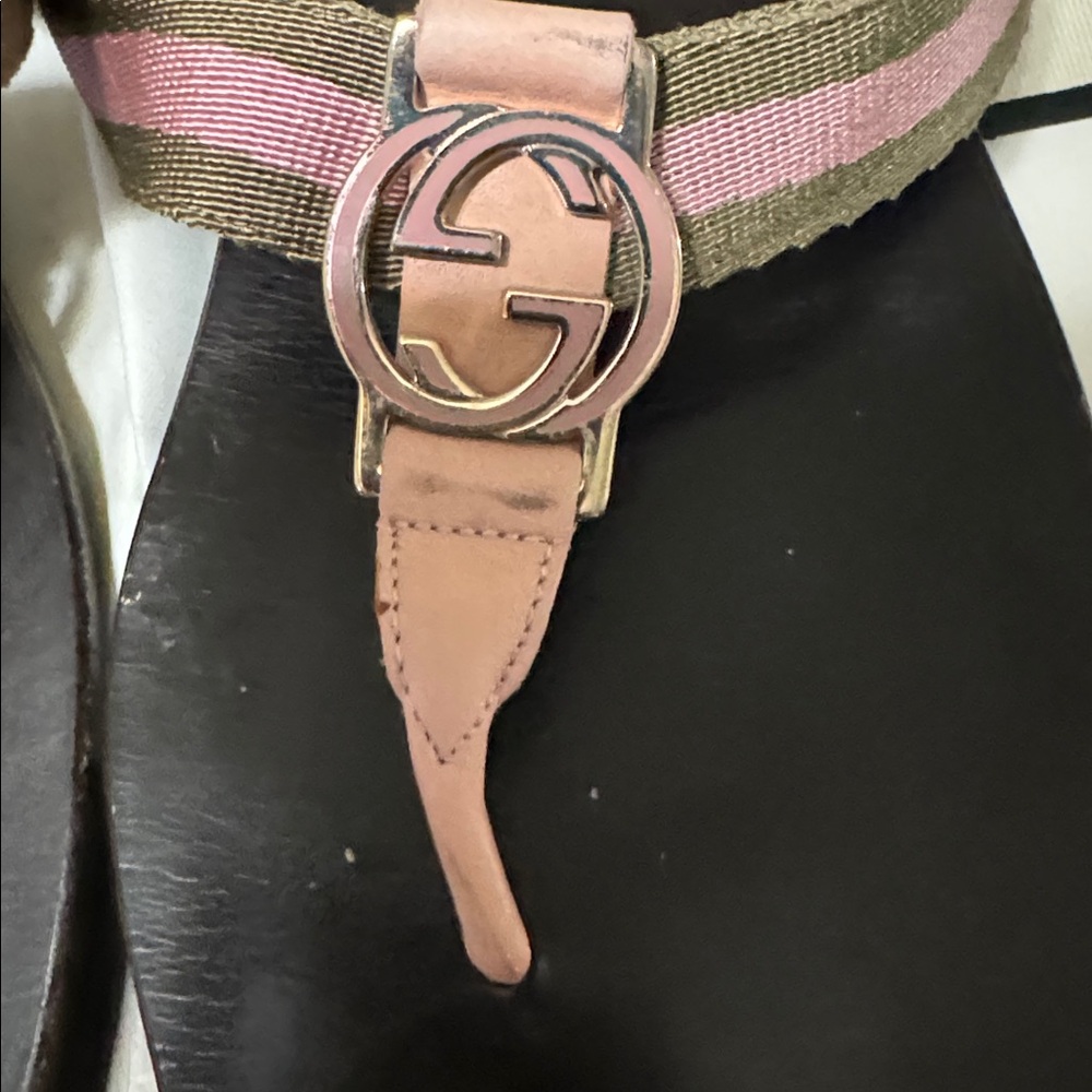 Gucci Pink & Green Web Leather Thong Sandals with GG Size 7.5 - Picture 2 of 7
